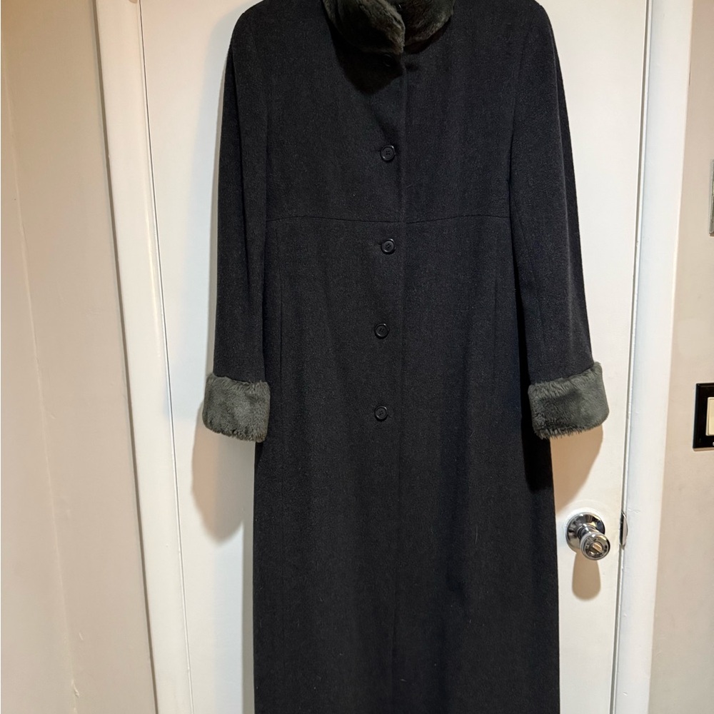 Wool Angora Elegant Long Faux Fur Collar/Cuffs Coat